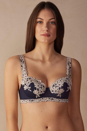 Intimissimi Pretty Flowers Sofia Balconette Women's Bras Deep Blue / Light Yellow | USA 1468GLQ