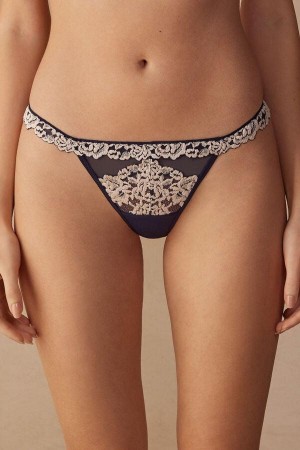 Intimissimi Pretty Flowers String Thong Women's Panties Deep Blue / Light Yellow | USA 2237RWH