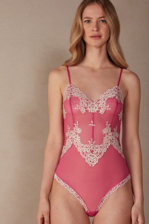 Intimissimi Pretty Flowers Tulle and Lace Women's Bodysuit Pink / White | USA 1878ORX