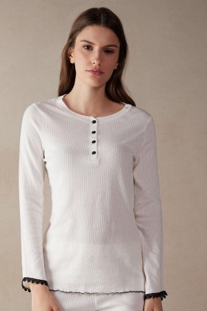 Intimissimi Pure Joy Long Sleeve Henley Top Women's Pajamas White | USA 2135YUK