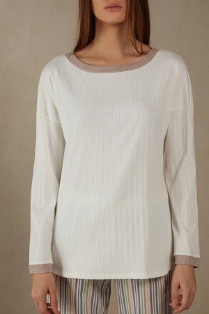 Intimissimi Ribbed Cotton Bateau Neck Long Sleeve Top Women's Pajamas White | USA 2175ZGY