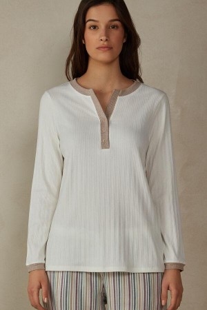 Intimissimi Ribbed Cotton Long Sleeve Henley Top Women's Pajamas White | USA 2173KIR