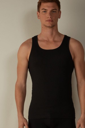 Intimissimi Ribbed Supima Cotton Men's Tank Top Black | USA 3039NBS