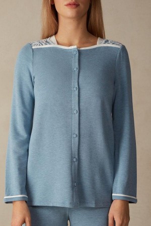 Intimissimi Romantic Bedroom Button Up Top in Modal with Wool Women's Pajamas Light Blue | USA 2149ZGY