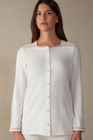 Intimissimi Romantic Bedroom Button Up Top in Modal with Wool Women's Pajamas White / Pink | USA 2150XFU