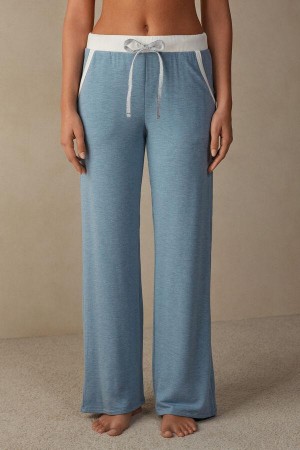 Intimissimi Romantic Bedroom Contrast Trim Full Length Pants in Modal with Wool Women's Pajamas Light Blue | USA 2047CEI