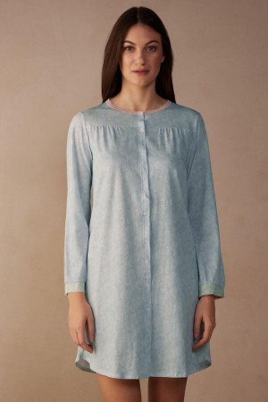 Intimissimi Romantic Cashmere Button Up Night Shirt Women's Pajamas Light Blue | USA 2214UTL