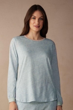 Intimissimi Romantic Cashmere Long Sleeve Cotton Top Women's Pajamas Light Blue | USA 2129MAS