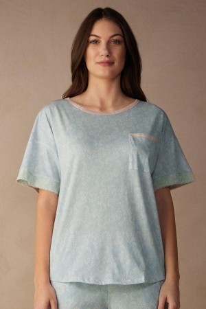 Intimissimi Romantic Cashmere Short Sleeve Cotton Top Women's Pajamas Light Blue | USA 2099CEI