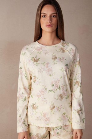 Intimissimi Scent of Roses Long Sleeve Cotton T-shirt Women's Pajamas Multicolor / White | USA 2132EXG