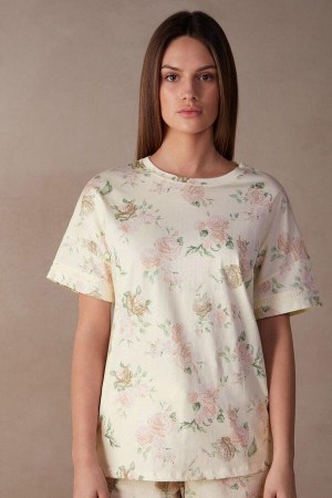 Intimissimi Scent of Roses Short Sleeve Cotton T-shirt Women's Pajamas Multicolor / White | USA 2100VDO