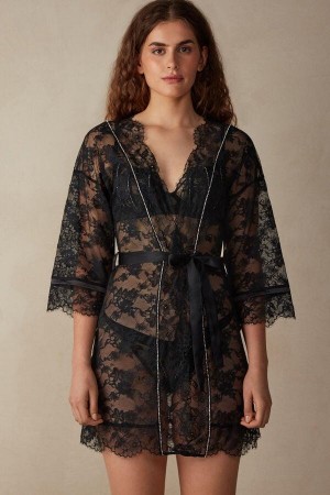 Intimissimi Shine High Like Stars Lace Kimono Women's Pajamas Black | USA 2201ZGY