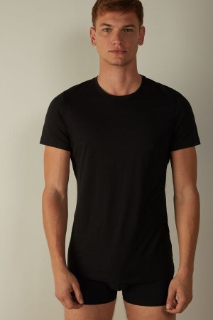 Intimissimi Short-Sleeve Crew-Neck T-Shirt in Extra-Fine Supima® Cotton Men's Pajamas Black | USA 2893EXC