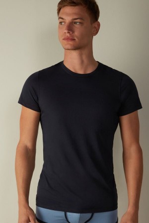 Intimissimi Short-Sleeve Crew-Neck in Extra-Fine Supima® Cotton Men's T Shirts Blue | USA 3017XFH