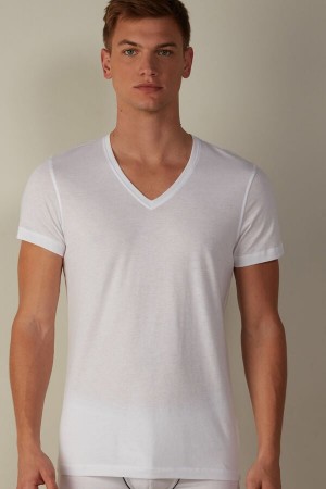 Intimissimi Short-Sleeve V-Neck in Extra-Fine Supima® Cotton Men's T Shirts White | USA 3018ZGJ