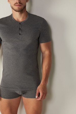 Intimissimi Short-Sleeved Supima® Cotton Shirt Men's Pajamas Deep Grey | USA 2894WYV