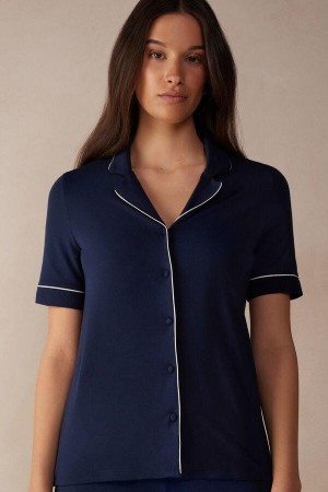 Intimissimi Short Sleeve Button Up Shirt in Modal Women's Pajamas Blue | USA 2093HKW