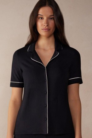 Intimissimi Short Sleeve Button Up Shirt in Modal Women's Pajamas Black | USA 2094JJE