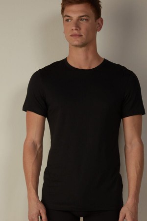 Intimissimi Short Sleeve Crew Neck T Shirt in Supima® Cotton Men's Pajamas Black | USA 2897NBM