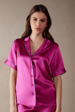 Intimissimi Short Sleeve Silk Shirt with Contrast Trim Women's Pajamas Pink | USA 2104QZD