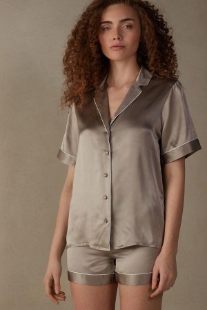 Intimissimi Short Sleeve Silk Shirt with Contrast Trim Women's Pajamas Beige | USA 2123ZGY