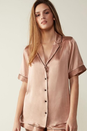 Intimissimi Short Sleeve Silk Shirt with Contrast Trim Women's Pajamas Pink | USA 2126VDO