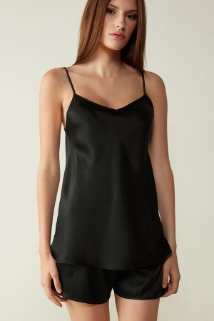 Intimissimi Silk Satin with V-neckline Women's Tank Top Black | USA 1702GLQ