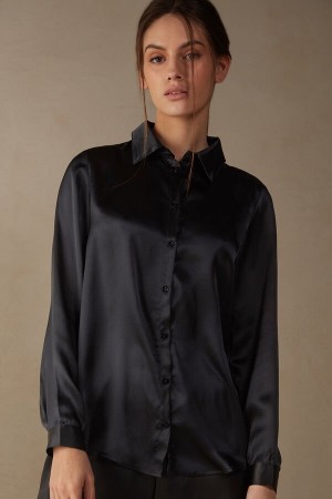 Intimissimi Silk Shirt Women's Long Sleeve Black | USA 1812XFU