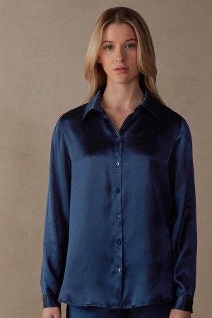 Intimissimi Silk Shirt Women's Long Sleeve Blue | USA 1813CEI