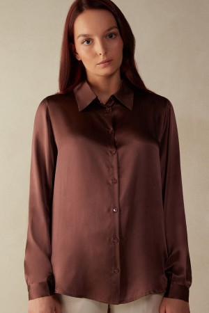 Intimissimi Silk Shirt Women's Long Sleeve Brown | USA 1817MAS