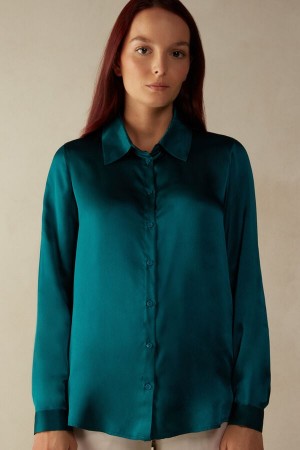 Intimissimi Silk Shirt Women's Long Sleeve Green | USA 1818QZD