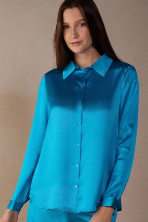 Intimissimi Silk Shirt Women's Long Sleeve Turquoise | USA 1832GLQ