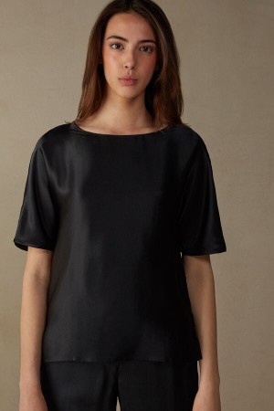 Intimissimi Silk and Modal Top Women's Short Sleeve Black | USA 1852ORX