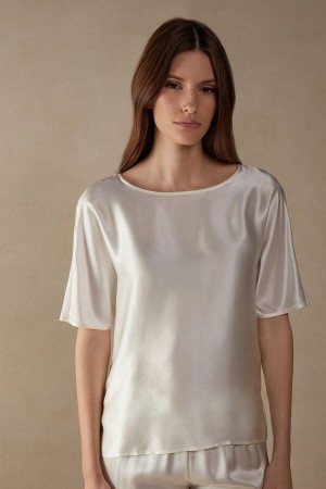 Intimissimi Silk and Modal Top Women's Short Sleeve White | USA 1853PQC