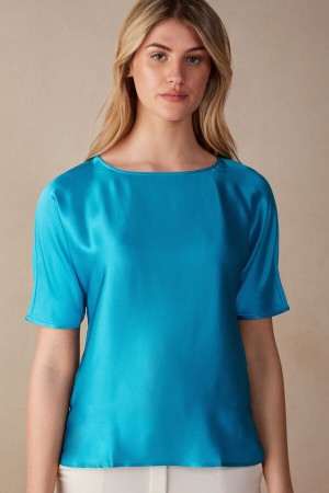 Intimissimi Silk and Modal Top Women's Short Sleeve Turquoise | USA 1860JJE