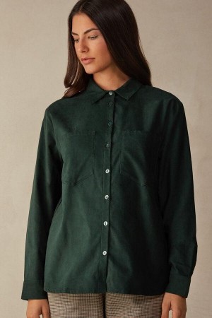 Intimissimi Slow and Cozy Velvet Shirt Women's Pajamas Green | USA 2160TVJ