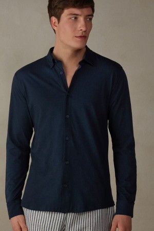 Intimissimi Slub Cotton Shirt Men's Long Sleeve Blue | USA 2953FMR