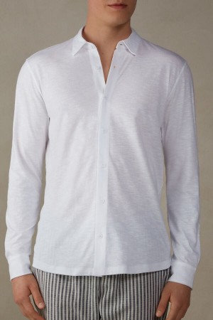 Intimissimi Slub Cotton Shirt Men's Long Sleeve White | USA 2954DNT