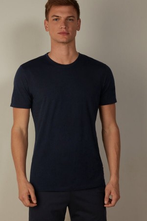 Intimissimi Stretch Merino Wool Short-Sleeve Men's T Shirts Blue | USA 3002PQQ