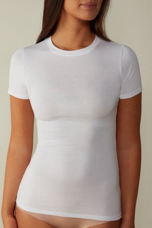 Intimissimi Stretch Supima® Cotton Top Women's Short Sleeve White | USA 1846EXG