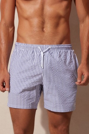 Intimissimi Stripe Print Seersucker Men's Swim Shorts White / Navy Blue | USA 2732CEJ