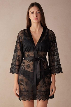 Intimissimi Stunning Beauty Lace Robe Women's Pajamas Black | USA 2194DNN