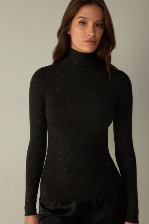 Intimissimi Turtleneck Top in Modal Light with Cashmere Lamé Women's Long Sleeve Black | USA 1811ZGY