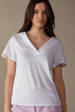 Intimissimi V-neck Top in Supima® Ultrafresh Cotton Women's Short Sleeve White | USA 1855SOB