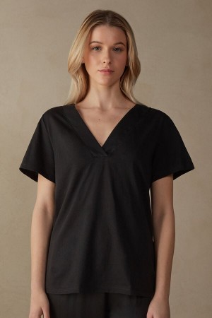 Intimissimi V-neck Top in Supima® Ultrafresh Cotton Women's Short Sleeve Black | USA 1856DNN