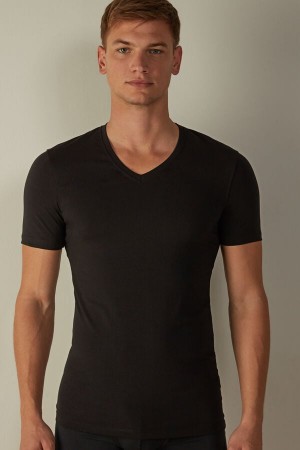 Intimissimi V-neck in Stretch Supima® Cotton Men's T Shirts Black | USA 3005UTR