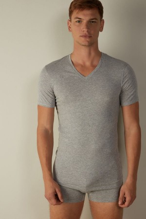 Intimissimi V-neck in Stretch Supima® Cotton Men's T Shirts Light Grey | USA 3015VDF