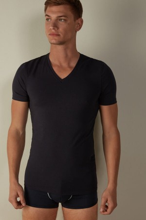 Intimissimi V-neck in Stretch Supima® Cotton Men's T Shirts Blue | USA 3023GLC