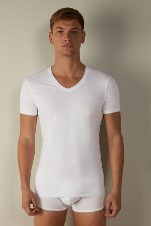 Intimissimi V-neck in Stretch Supima® Cotton Men's T Shirts White | USA 3025DNB