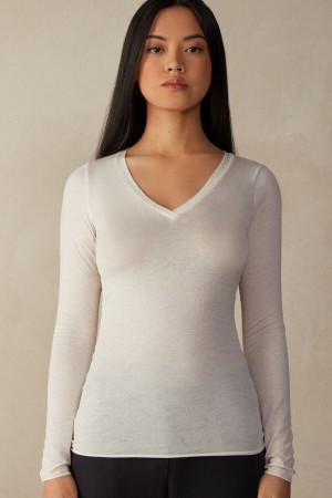 Intimissimi V-neck top in Modal Ultralight with Cashmere Women's Long Sleeve Light Yellow | USA 1824UTL